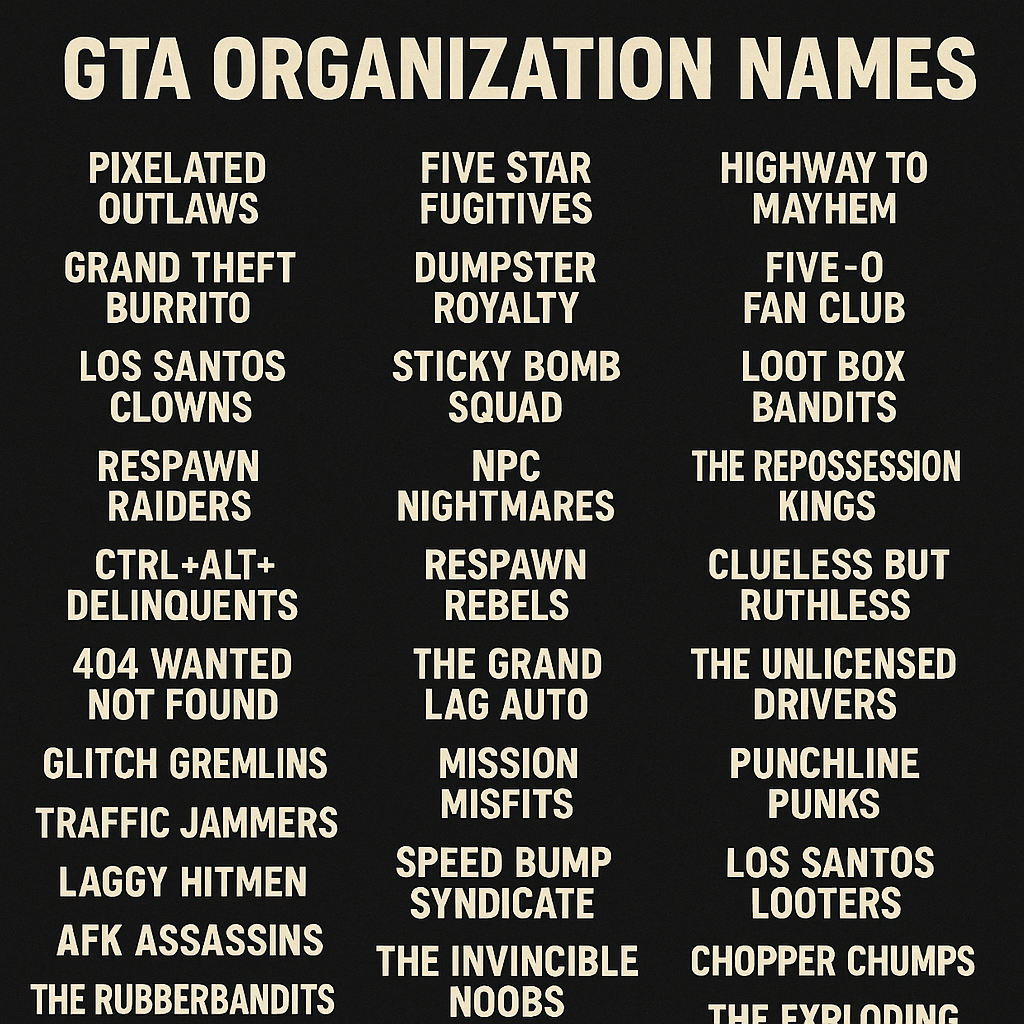 1000+ Unique and Funny GTA Organization Names 2025